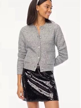J. Crew Shimmer Lady Cardigan Jeweled Button-Up Crew Sweater Preppy Grey XL